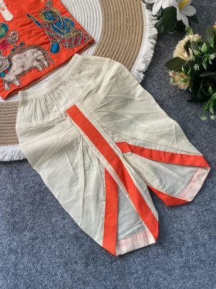 Hand Work Orange Colour Kids Kurta With Dhoti