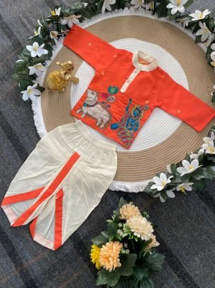 Hand Work Orange Colour Kids Kurta With Dhoti