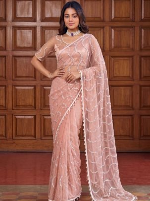 Hand Work Peach Colour Saree