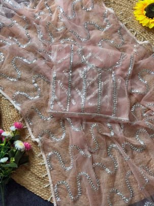 Hand Work Peach Colour Saree