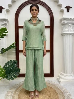 Hand Work Pista Green Colour  Co Ord Set
