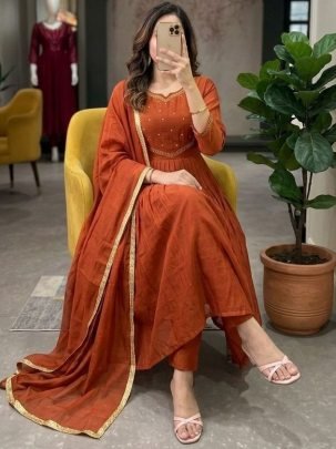 Handwork  Rust Orange  Colour Ready Made Suit