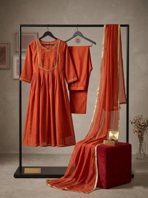 Handwork  Rust Orange  Colour Ready Made Suit