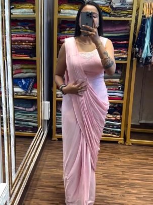 Heavy Chinon Silk Baby Pink Colour Ready To Wear Saree