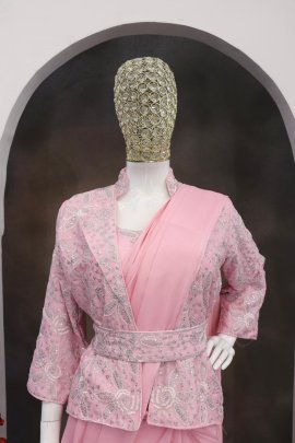 Heavy Chinon Silk Baby Pink Colour Ready To Wear Saree