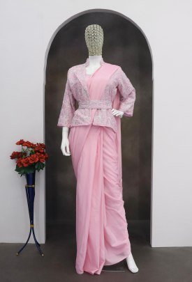 Heavy Chinon Silk Baby Pink Colour Ready To Wear Saree