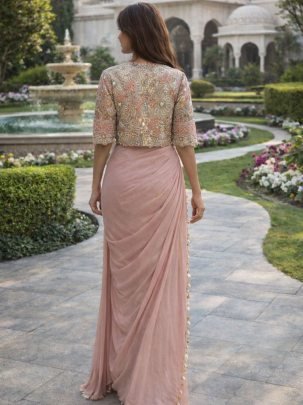 Heavy Crap Silk Sequence Work Saree With Jacket