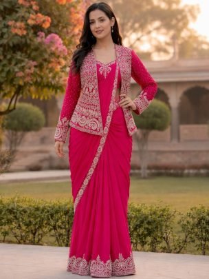Heavy Crep Silk Pink Colour Ready To Wear Saree