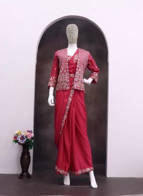 Heavy Crep Silk Pink Colour Ready To Wear Saree