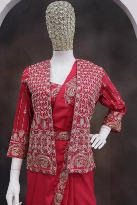 Heavy Crep Silk Pink Colour Ready To Wear Saree