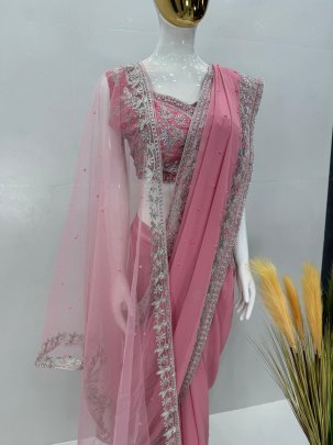 Heavy Faux Georgette Baby Pink Bridel Saree With Dupatta