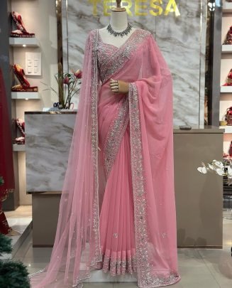 Heavy Faux Georgette Baby Pink Bridel Saree With Dupatta