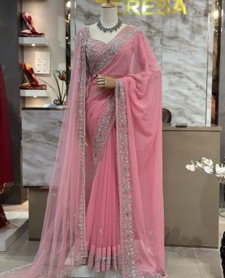 Heavy Faux Georgette Baby Pink Bridel Saree With Dupatta