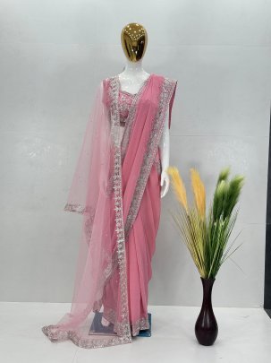 Heavy Faux Georgette Baby Pink Bridel Saree With Dupatta
