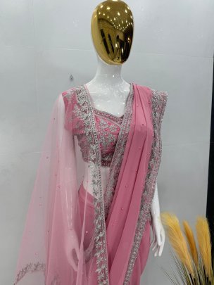 Heavy Faux Georgette Baby Pink Bridel Saree With Dupatta