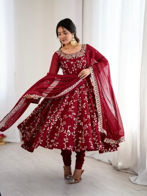Heavy Faux Georgette Maroon Gown With Embroidery Sequence Work Dupatta