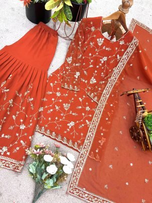 Heavy Faux Georgette Top With 5mm Embroidery Sequence Sharara Plazzo