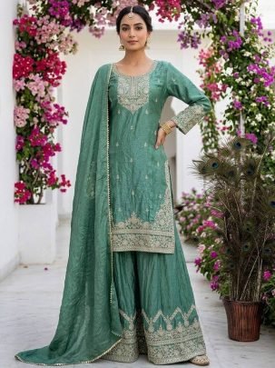 Heavy Frendy Silk Fabric Rama Colour Palazzo Suit