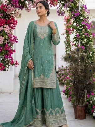 Heavy Frendy Silk Fabric Rama Colour Palazzo Suit