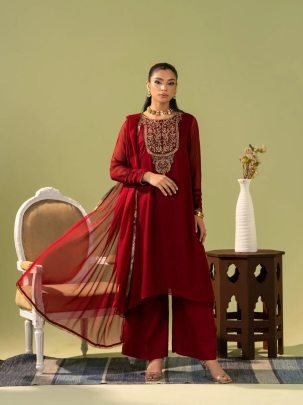 Heavy Georgette Red Silk Embroidered Ready To Wear Kurti Palazzo Set 