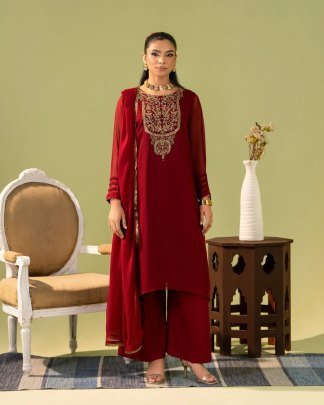 Heavy Georgette Red Silk Embroidered Ready To Wear Kurti Palazzo Set