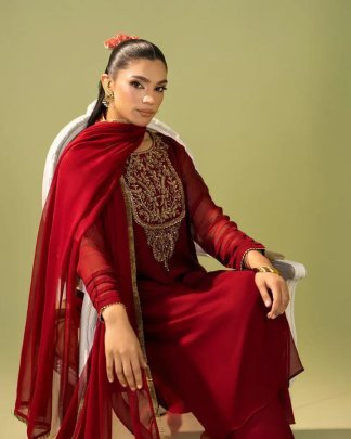 Heavy Georgette Red Silk Embroidered Ready To Wear Kurti Palazzo Set