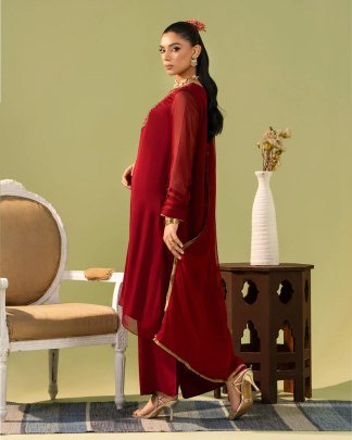 Heavy Georgette Red Silk Embroidered Ready To Wear Kurti Palazzo Set