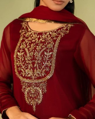 Heavy Georgette Red Silk Embroidered Ready To Wear Kurti Palazzo Set