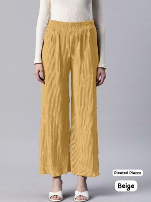 Heavy Lycra Pleated  Beige Colour Plain Palazzo