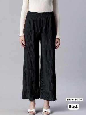 Heavy Lycra Pleated  Black Colour Plain Palazzo