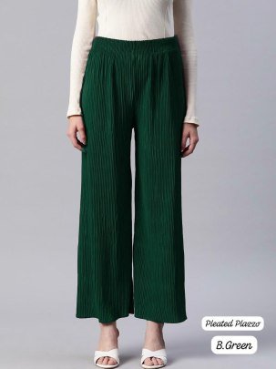 Heavy Lycra Pleated  Green Colour Plain Palazzo