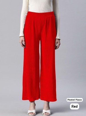 Heavy Lycra Pleated  Red  Colour Plain Palazzo