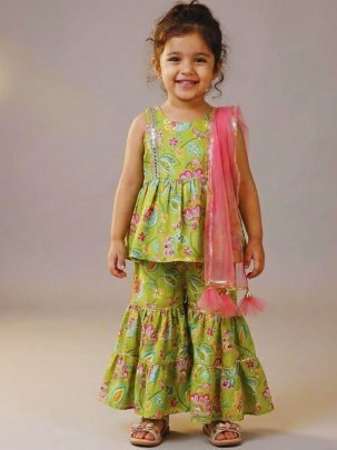 Heavy Rayon Mirror Work Lace Kids Sharara Suit