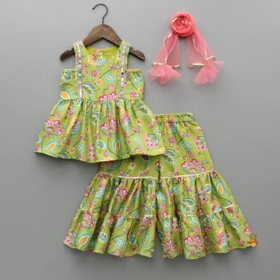 Heavy Rayon Mirror Work Lace Kids Sharara Suit
