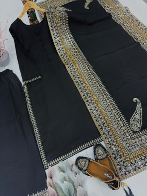 Heavy Roman Silk Black Colour Pakistani Suit