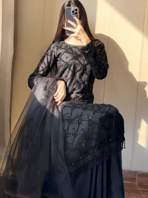 Heavy Soft Net Black Colour Palazzo Suit