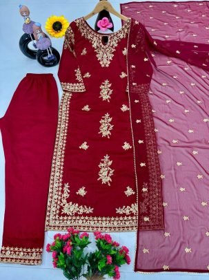 Heavy Vichtra Silk Sequences Work Red Ready Made suit