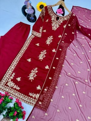 Heavy Vichtra Silk Sequences Work Red Ready Made suit
