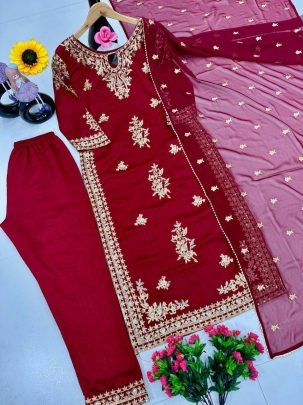Heavy Vichtra Silk Sequences Work Red Ready Made suit