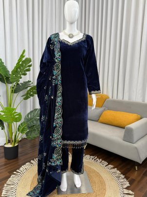 Heavy Viscose Velvet Blue Colour Suit
