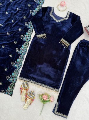 Heavy Viscose Velvet Blue Colour Suit