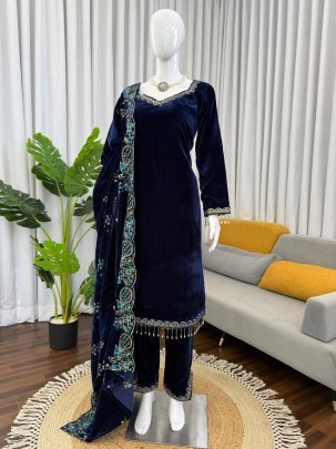 Heavy Viscose Velvet Blue Colour Suit