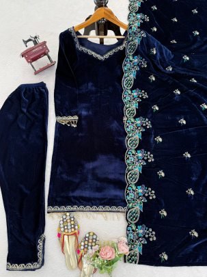 Heavy Viscose Velvet Blue Colour Suit