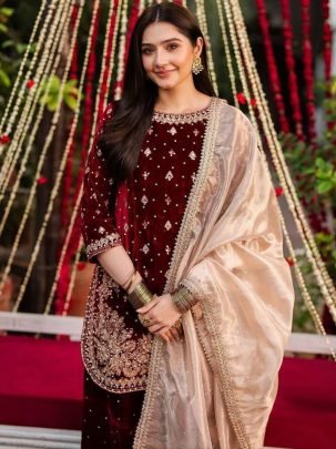 Heavy Viscose Velvet  Maroon Ready Made Suit