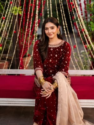 Heavy Viscose Velvet  Maroon Ready Made Suit