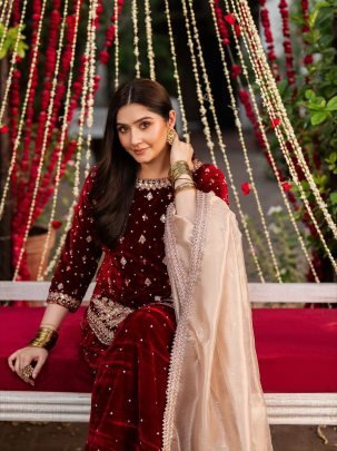 Heavy Viscose Velvet  Maroon Ready Made Suit