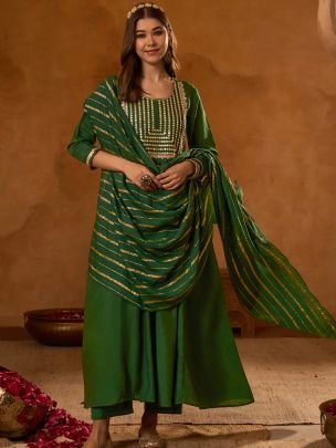 Heavy Work Green Colour Ready Made Suit 