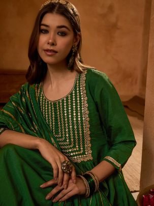 Heavy Work Green Colour Ready Made Suit