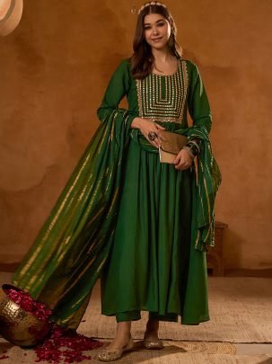 Heavy Work Green Colour Ready Made Suit
