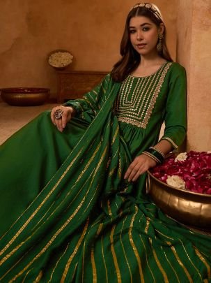 Heavy Work Green Colour Ready Made Suit